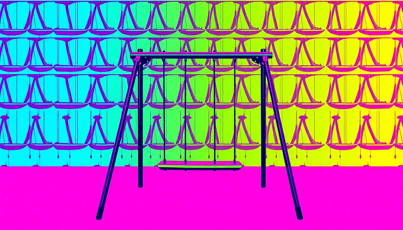 A bold, colorful silkscreen-style illustration featuring a repeated pattern of a children's swing set, conceptually representing the community impact of losing local park spaces.