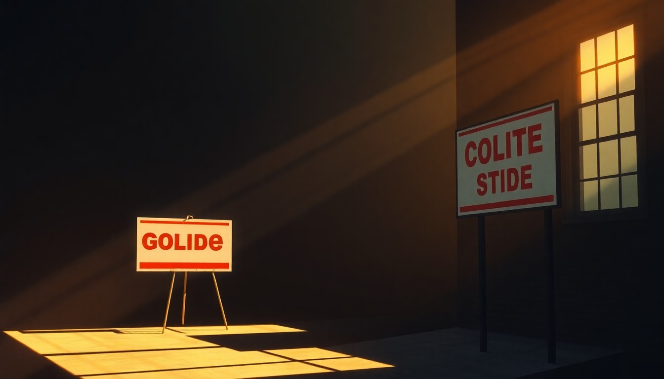 A dimly lit, cinematic painting of a lone campaign sign or political office space, with warm sunlight streaming in through a window and deep shadows enveloping the scene, conveying a sense of quiet contemplation and the weight of political responsibility.