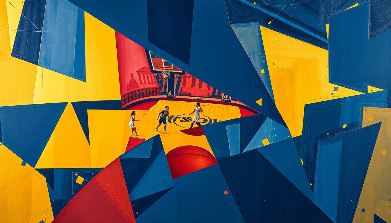 A cubist, geometric painting depicting a fragmented scene of a women's basketball game, with overlapping planes of navy, gold, and crimson colors representing the sport's intensity and the program's transition to a new conference.