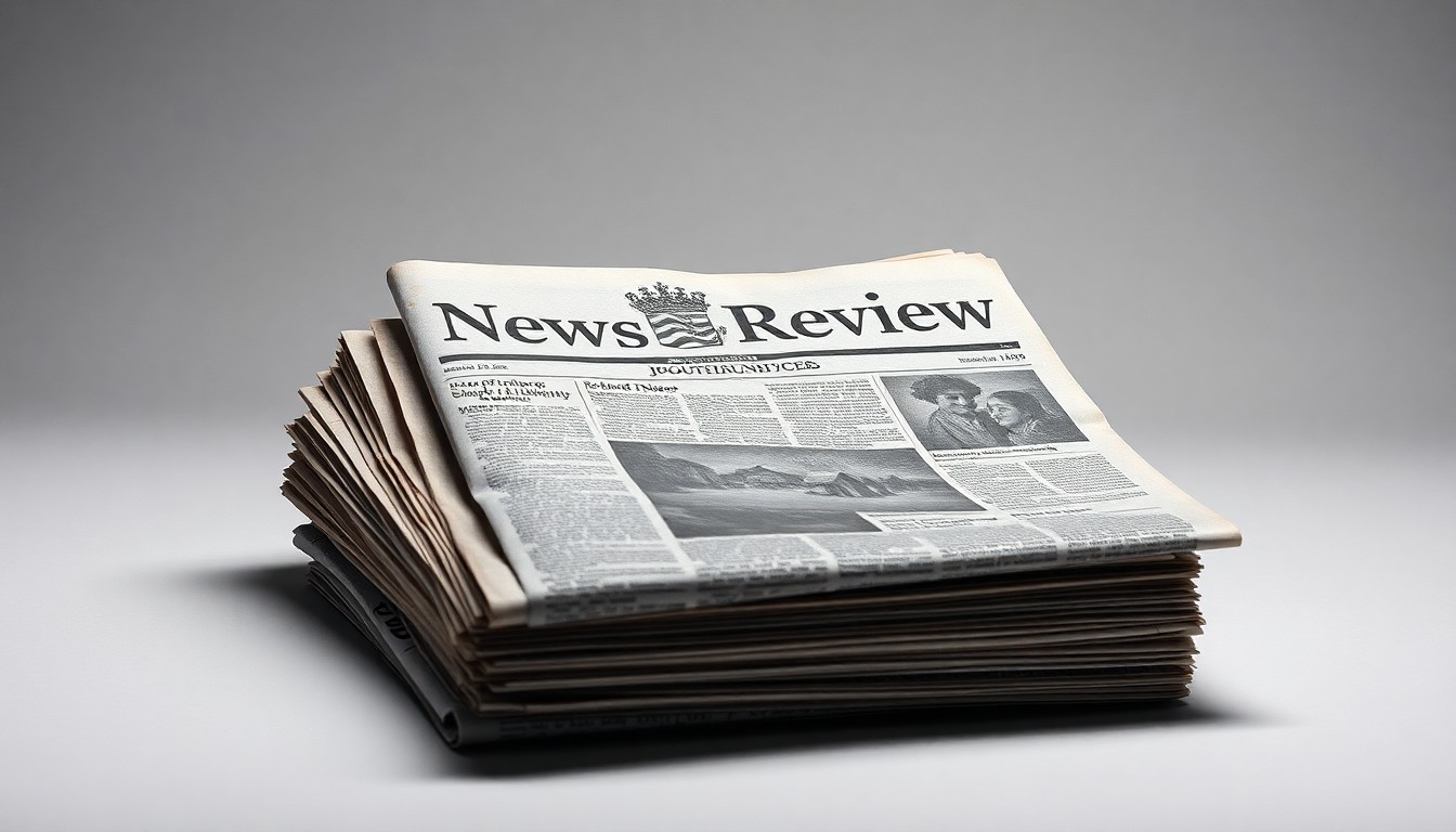 A high-end, photorealistic studio still-life photograph featuring a stack of old, worn newspapers with the Sigourney News-Review masthead visible, resting on a clean, monochromatic background and illuminated by dramatic studio lighting and deep shadows, conceptually representing the loss of local news outlets in small-town Iowa.
