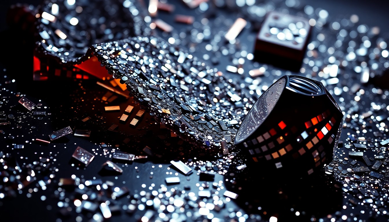 An extreme close-up of shimmering sequins and shards of broken glass, reflecting the high-stakes drama and glamour of old Hollywood.