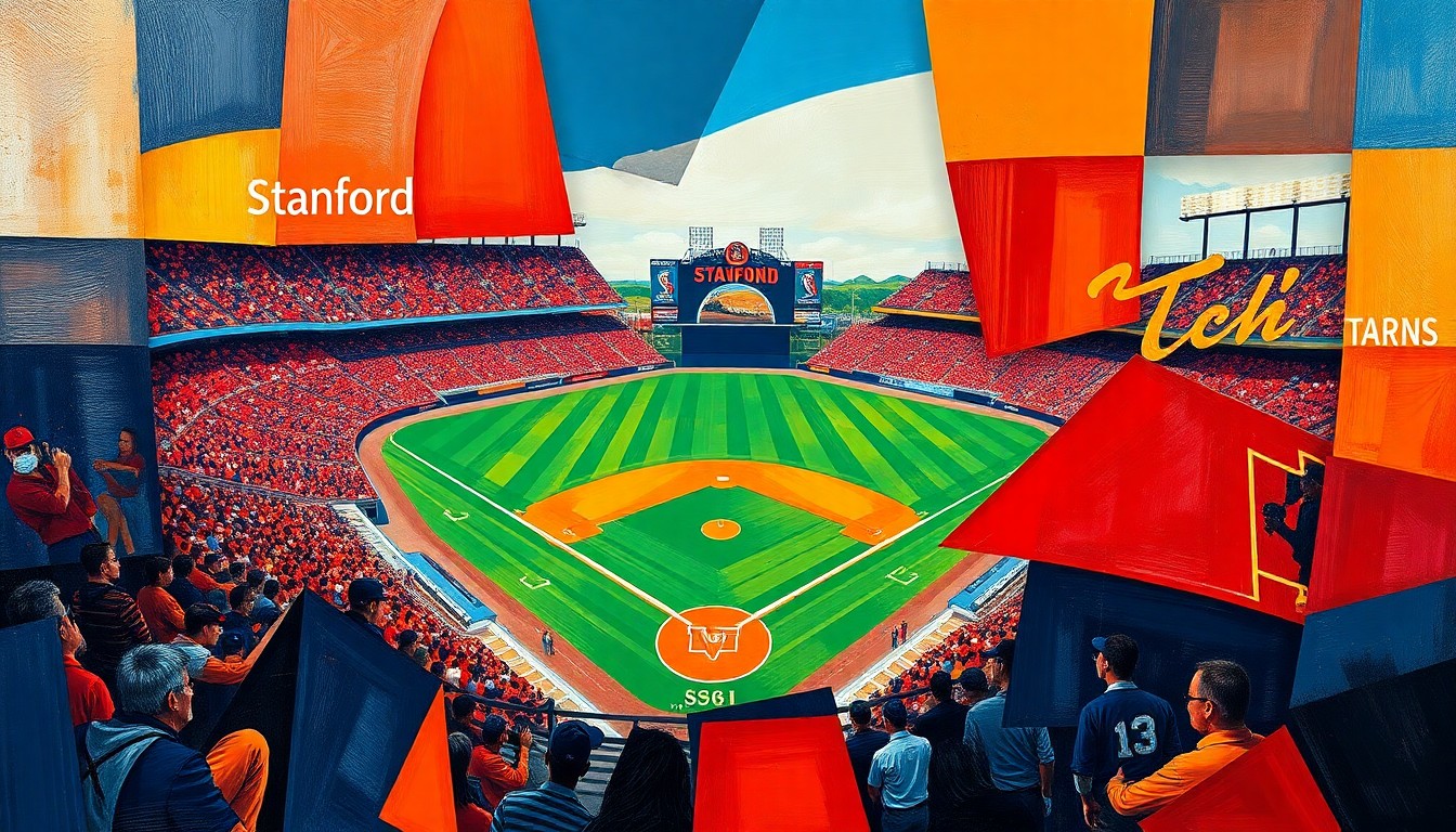 A fractured, multi-perspective painting in bold, geometric shapes and vibrant colors representing a college baseball game, with a damaged scoreboard as the central visual element.