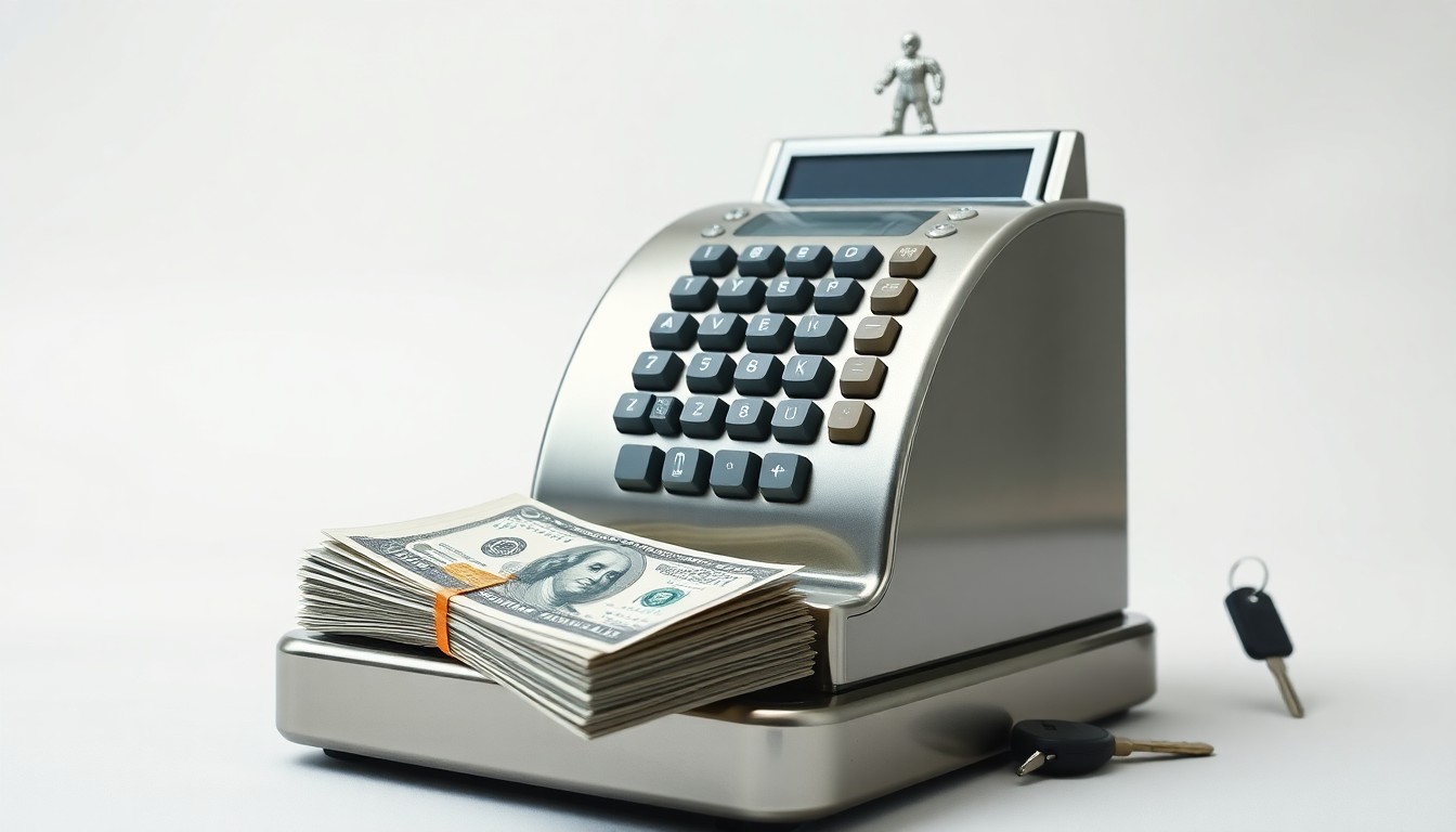A photorealistic studio still-life image featuring a polished metal cash register, a stack of dollar bills, and a single car key, symbolizing the financial aspects of the Casey's General Stores business.