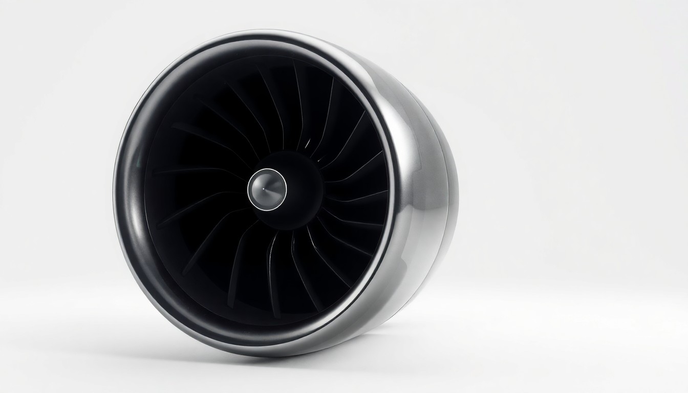 A photorealistic studio still life of a single jet engine turbine blade made of polished titanium metal, floating on a clean white background with dramatic lighting and deep shadows.