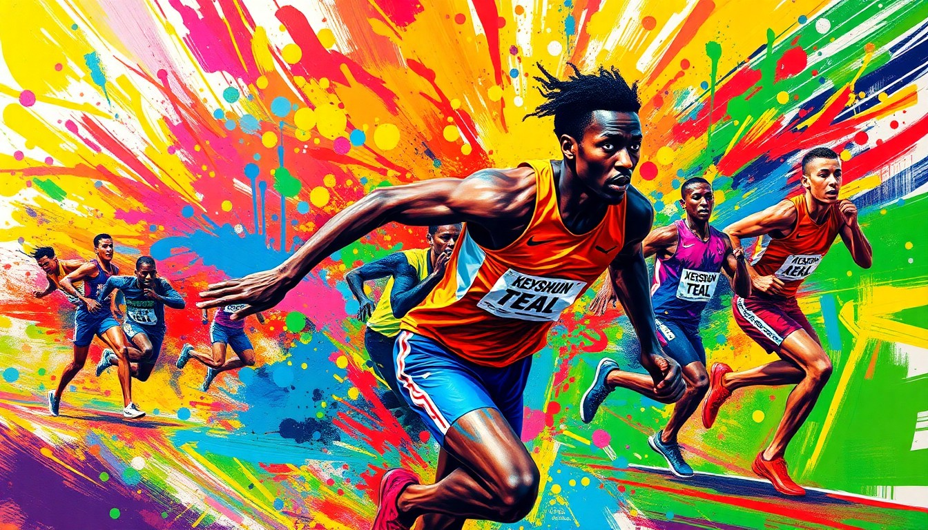 An abstract, expressionist painting in neon colors depicting the dynamic motion and energy of a high school track and field competition, with the figure of an athlete dissolving into bold, textured brushstrokes.