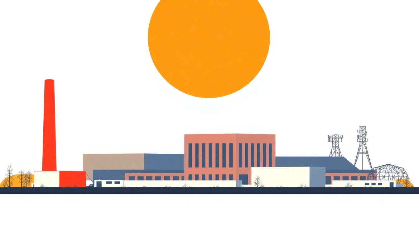 An abstract illustration using bold geometric shapes and primary colors to conceptually represent the continued operation of an aging coal power plant despite environmental concerns.