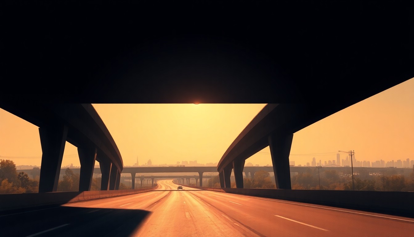 A serene, cinematic painting of a highway overpass in warm, golden light, conveying a sense of quiet contemplation about the political motivations behind the rejected proposal.