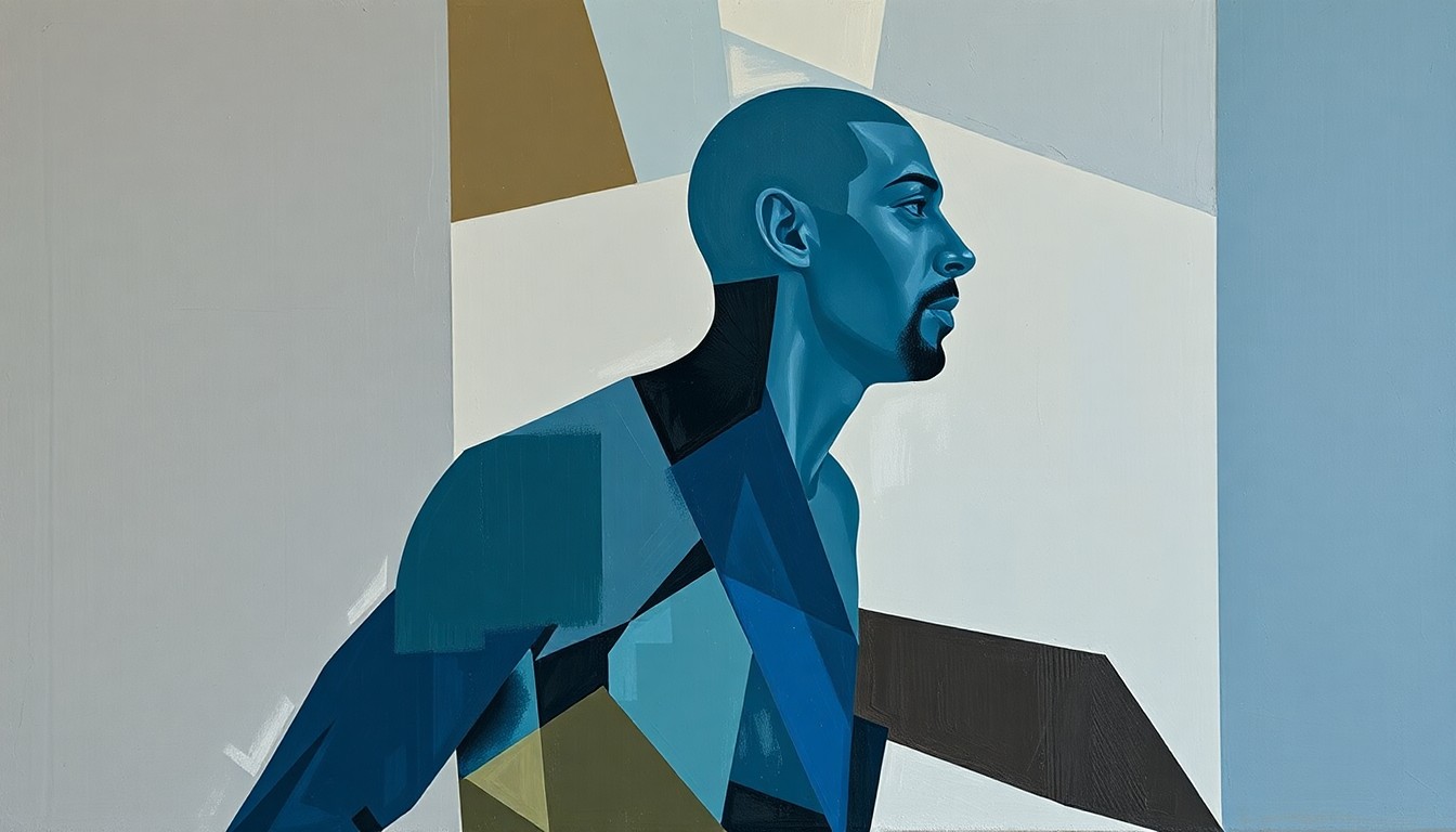 A fragmented, cubist-style painting depicting the silhouette of a basketball player broken down into sharp, overlapping geometric shapes in muted tones, conceptually representing the complex issues surrounding discrimination in professional sports.