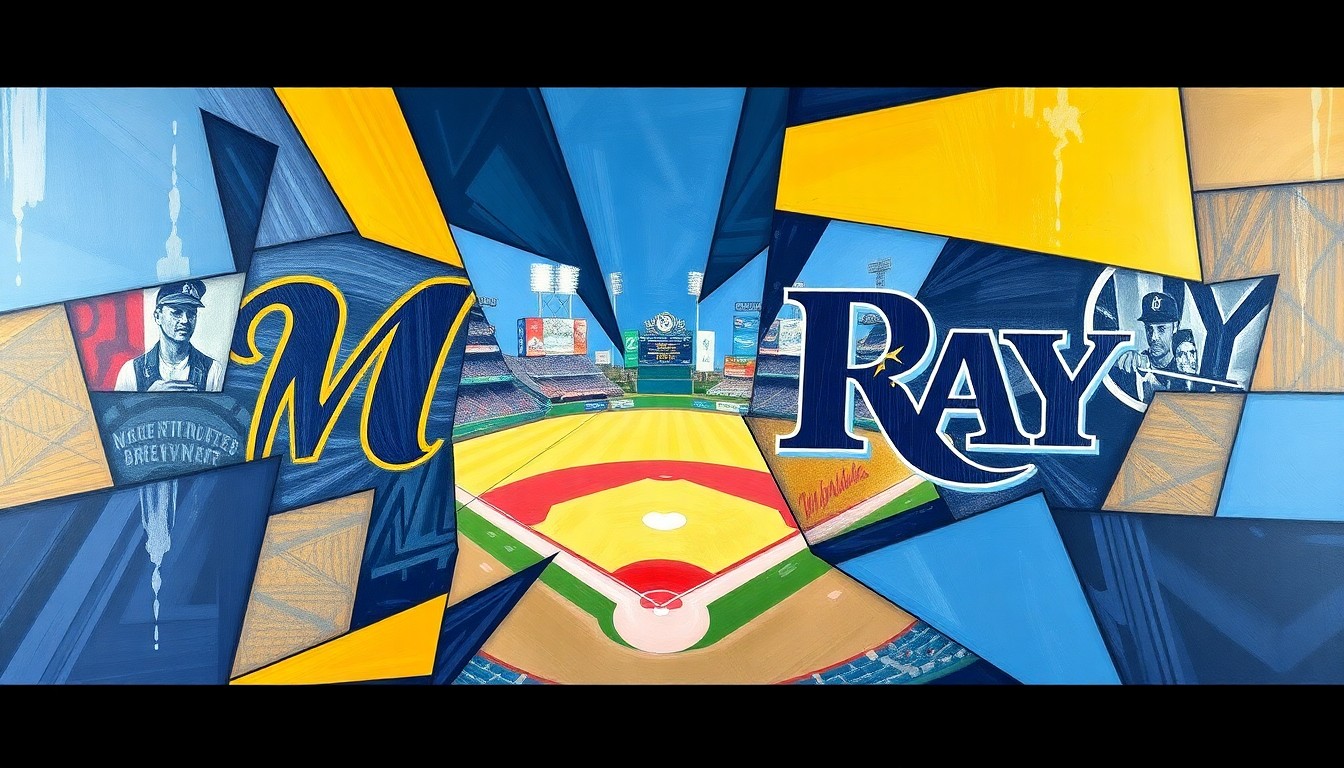 A cubist, geometric painting depicting a baseball game between the Milwaukee Brewers and Tampa Bay Rays, with the players and field broken down into sharp, overlapping planes of vibrant navy, gold, and light blue colors.