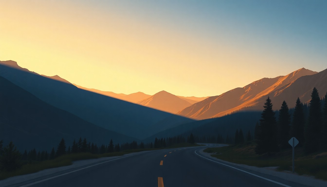 A serene, painterly landscape depicting a winding mountain road through Estes Park, with warm sunlight and deep shadows creating a nostalgic, cinematic mood.