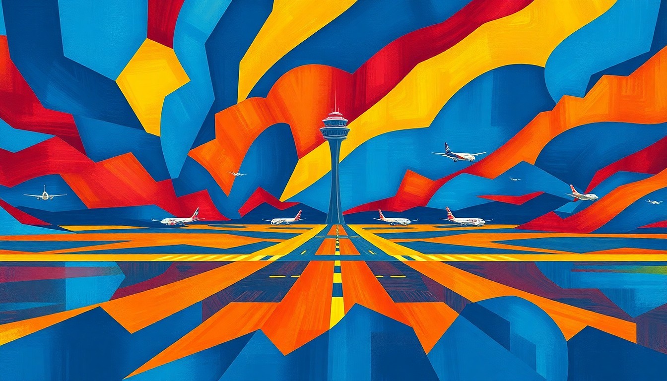 A dynamic, abstract painting featuring overlapping geometric shapes and brushstrokes in shades of blue, red, and gold, conceptually representing the political controversy surrounding the renaming of an airport.