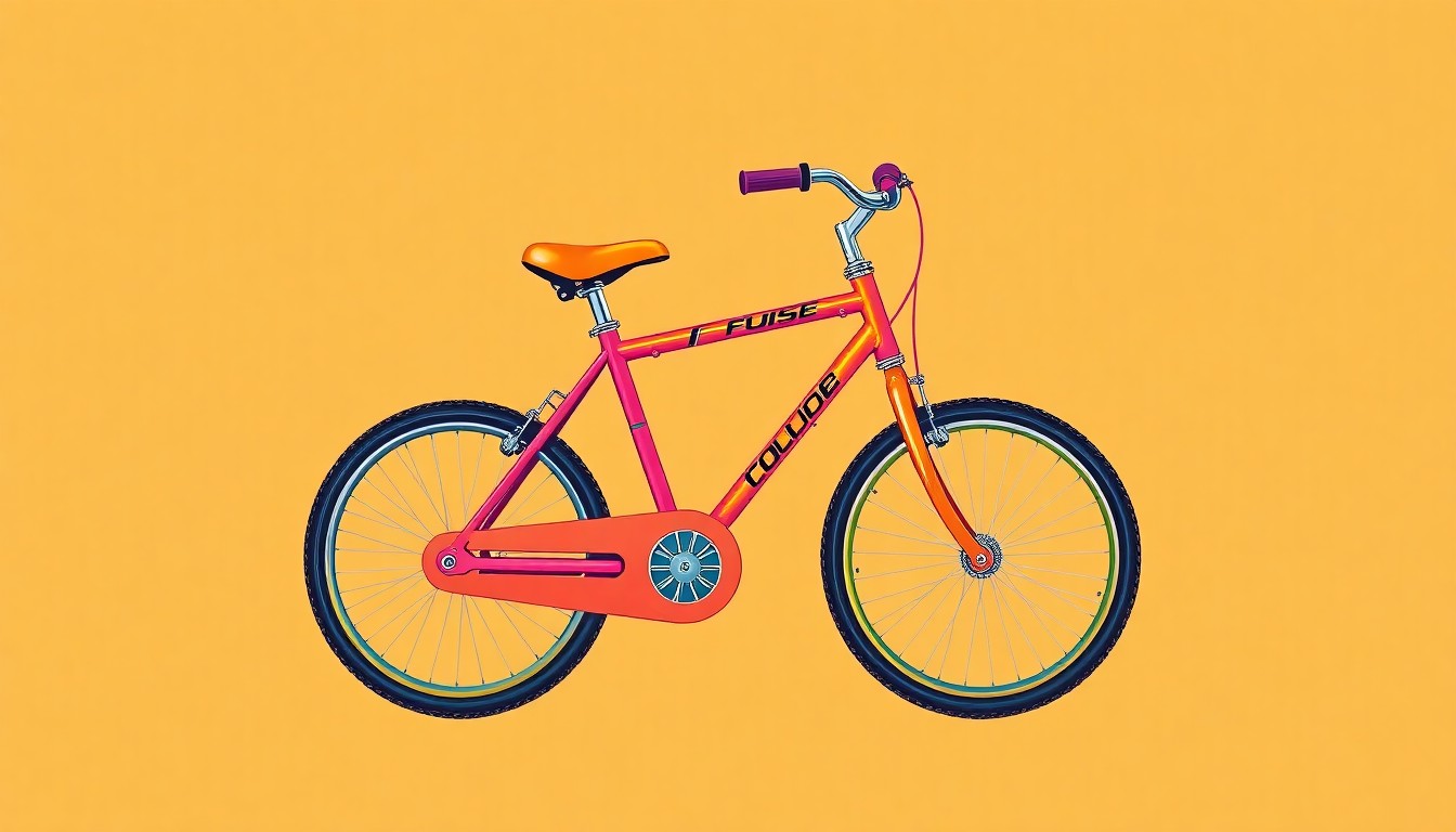 A bold, graphic illustration of a child's bicycle repeated in a grid pattern, using bright neon colors and heavy black outlines to transform the everyday object into a vibrant, modern pop art piece.