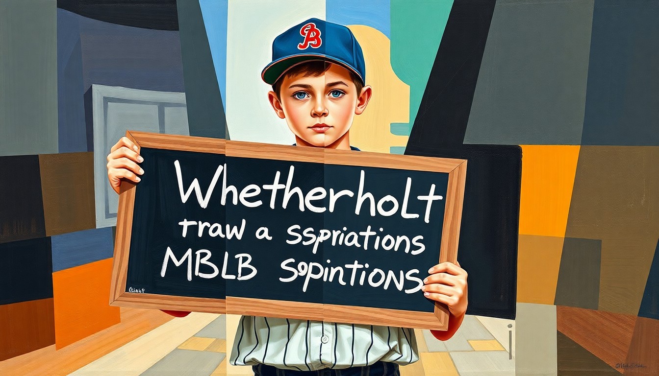 A cubist, geometric painting depicting a young boy holding a chalkboard sign, his image fractured and deconstructed into overlapping planes of color, capturing the spirit of a childhood dream becoming a professional reality.