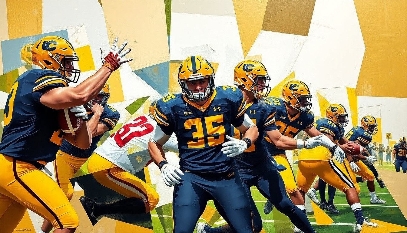 A cubist, geometric painting depicting a Colorado Buffaloes football player in motion, with sharp, overlapping planes of color representing the dynamic energy and movement of the game.