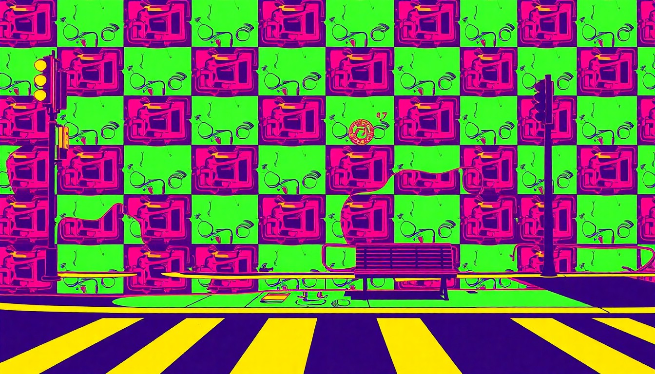 A brightly colored, high-contrast silkscreen print of a crosswalk repeated in a tight grid pattern, conceptually representing the revitalization of a busy urban streetscape.