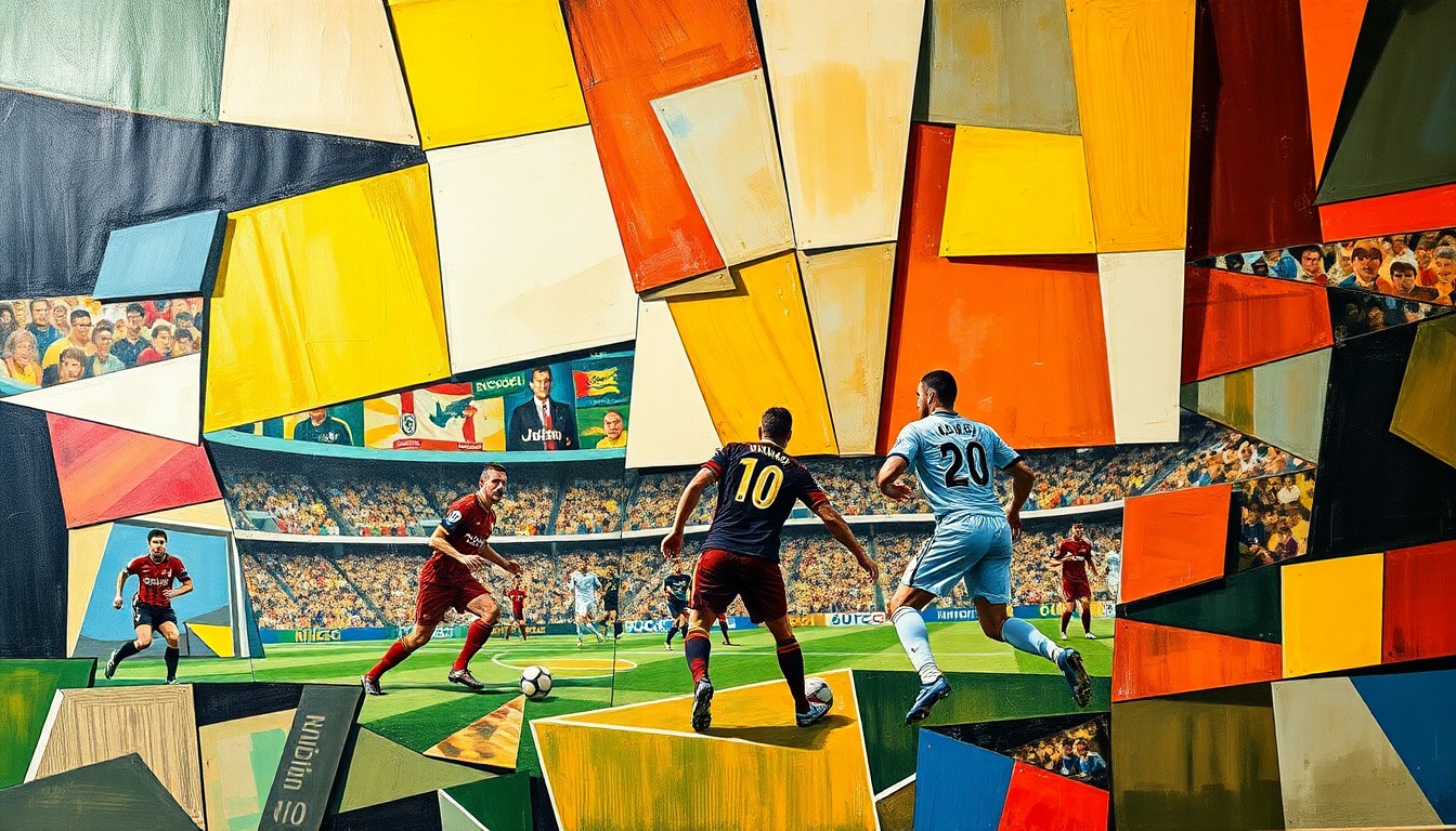 A cubist-style painting featuring overlapping geometric shapes and planes in various shades of green, blue, and red, conceptually representing the complex dynamics of a soccer transfer negotiation.