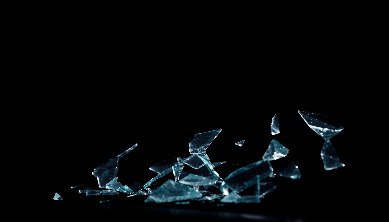 An extreme close-up photograph of a shattered car windshield, the jagged glass fragments conceptually representing the tragic aftermath of a vehicular collision.