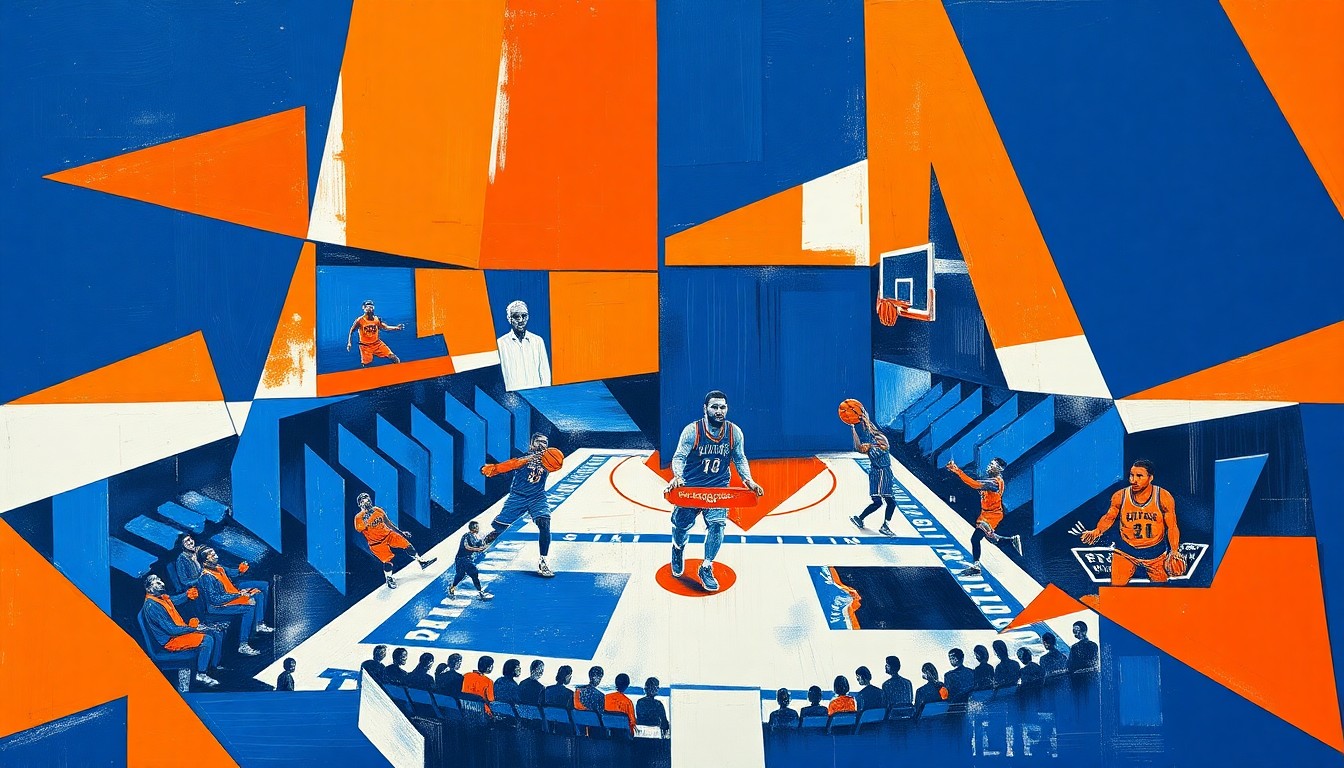 A cubist, geometric painting depicting a fragmented basketball court scene, with players and the ball broken down into sharp, overlapping shapes in navy blue, orange, and white, conveying the Knicks' ongoing pursuit of their peak performance.