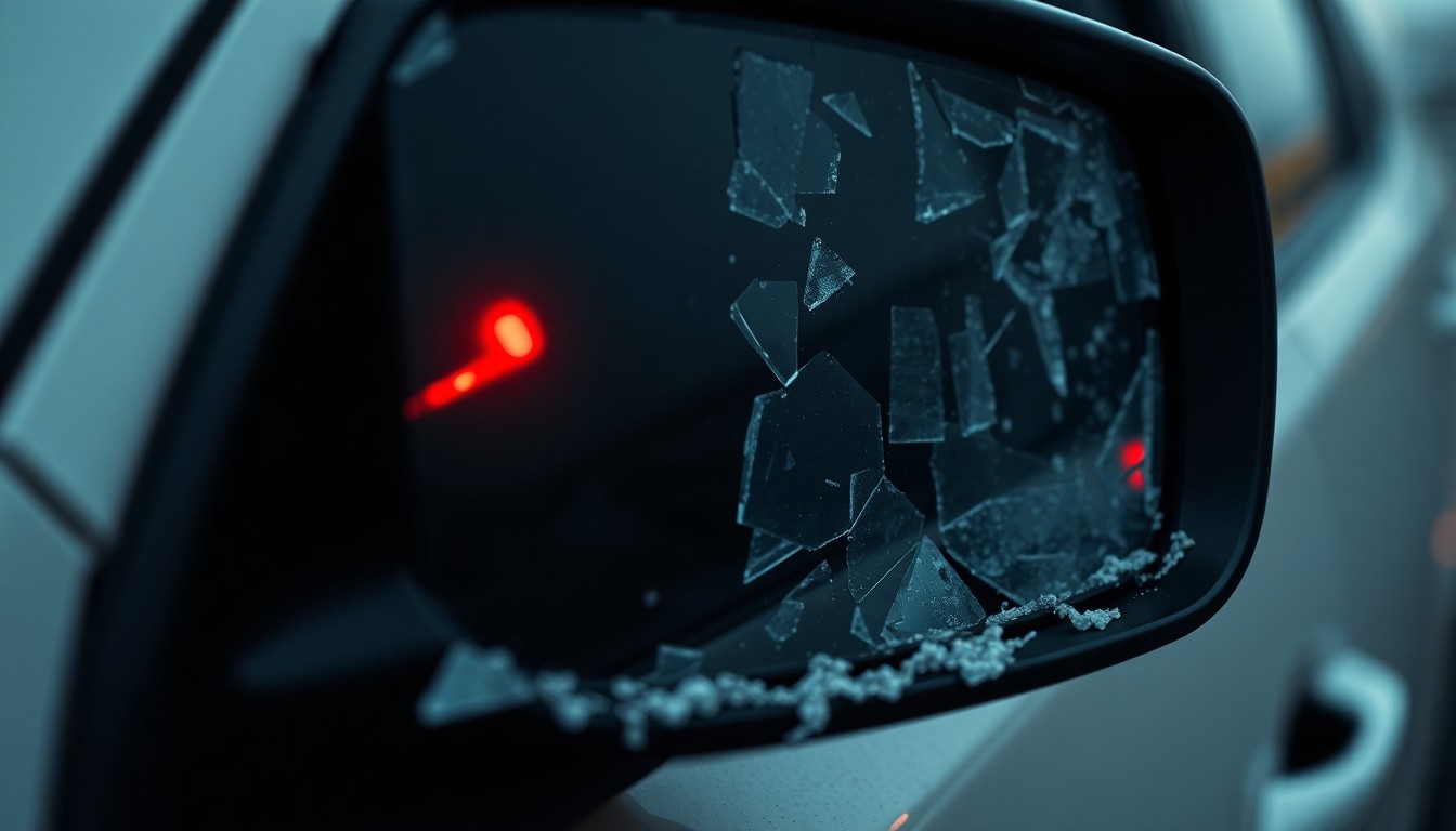 An extreme close-up photograph of a shattered car side mirror reflecting a faint red light, conceptually representing the aftermath of a pedestrian collision.