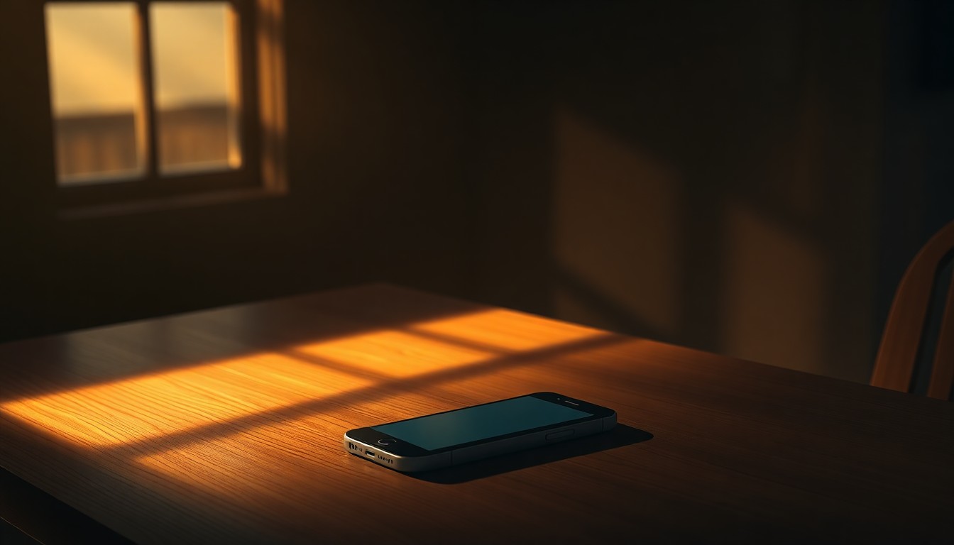 A dimly lit, cinematic painting of a lone smartphone on a wooden table, bathed in warm, diagonal sunlight and deep shadows, conveying a sense of isolation and the weight of digital privacy and security issues.