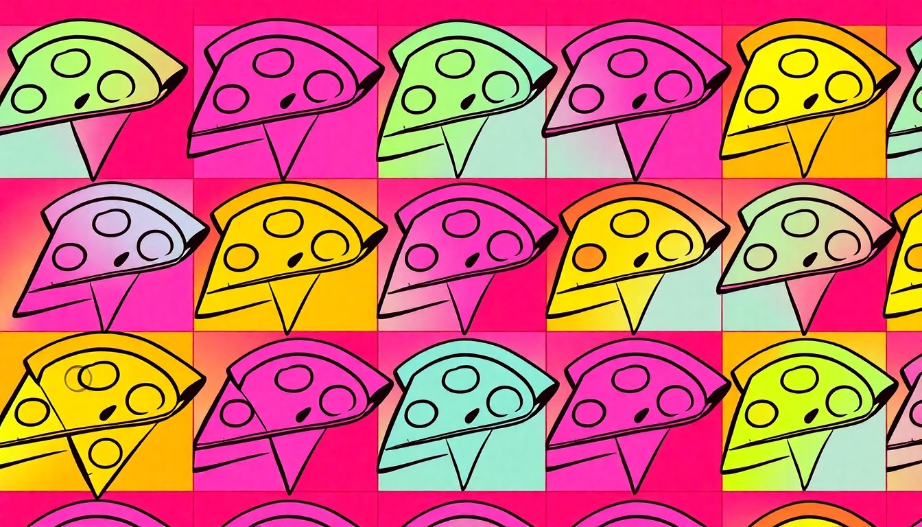 A brightly colored, high-contrast silkscreen print of a single, iconic Costco pizza slice repeated in a tight grid pattern, capturing the everyday pizza as modern pop art.