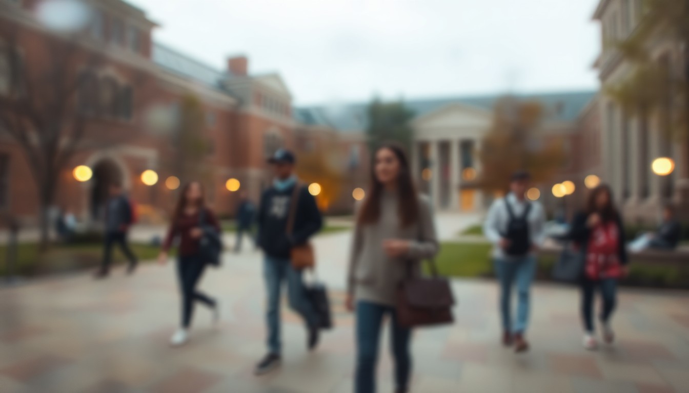 An abstract, impressionistic photograph showing blurred, indistinct figures of students walking across a college campus, with soft, warm pools of light and color creating a dreamlike, out-of-focus atmosphere.