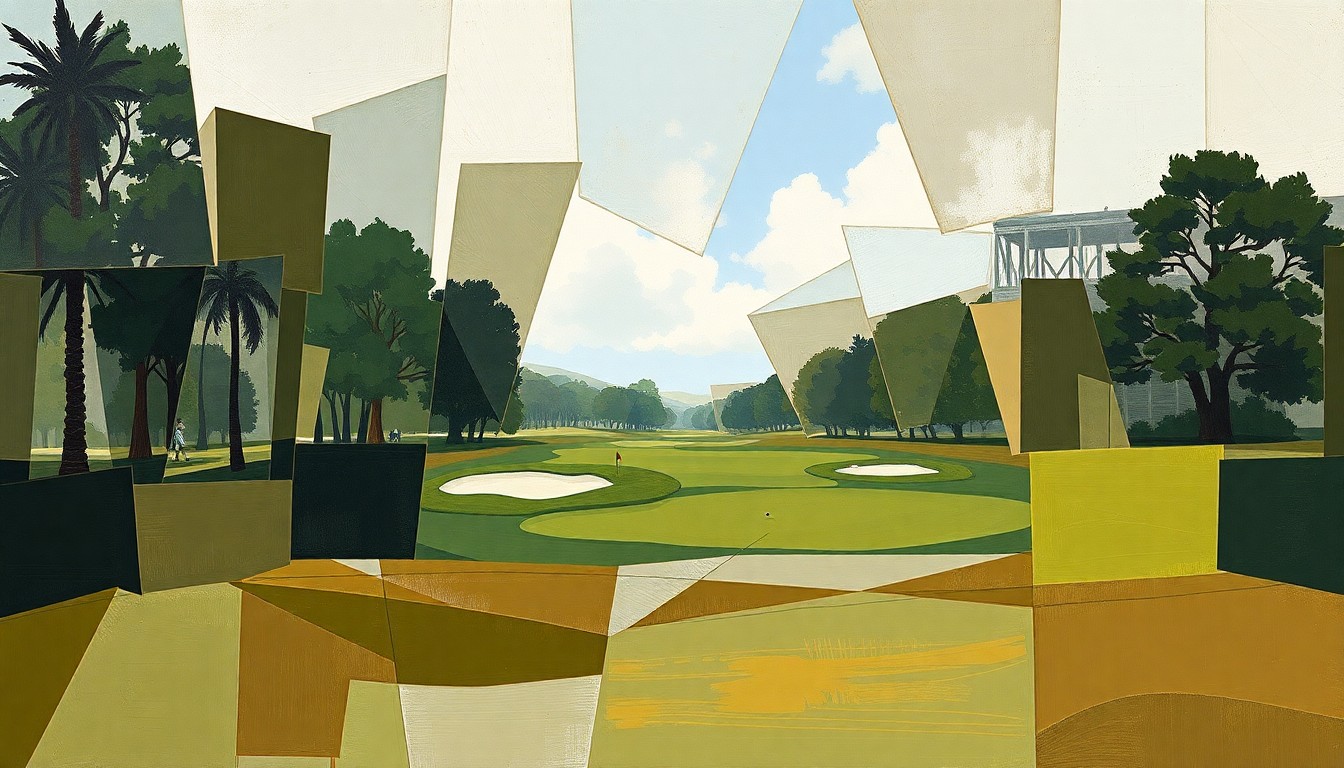 A cubist-style painting depicting a fragmented golf course scene, with overlapping geometric shapes and planes in muted earth tones, capturing the complex and multi-faceted nature of Tiger Woods' legal history with impaired driving.