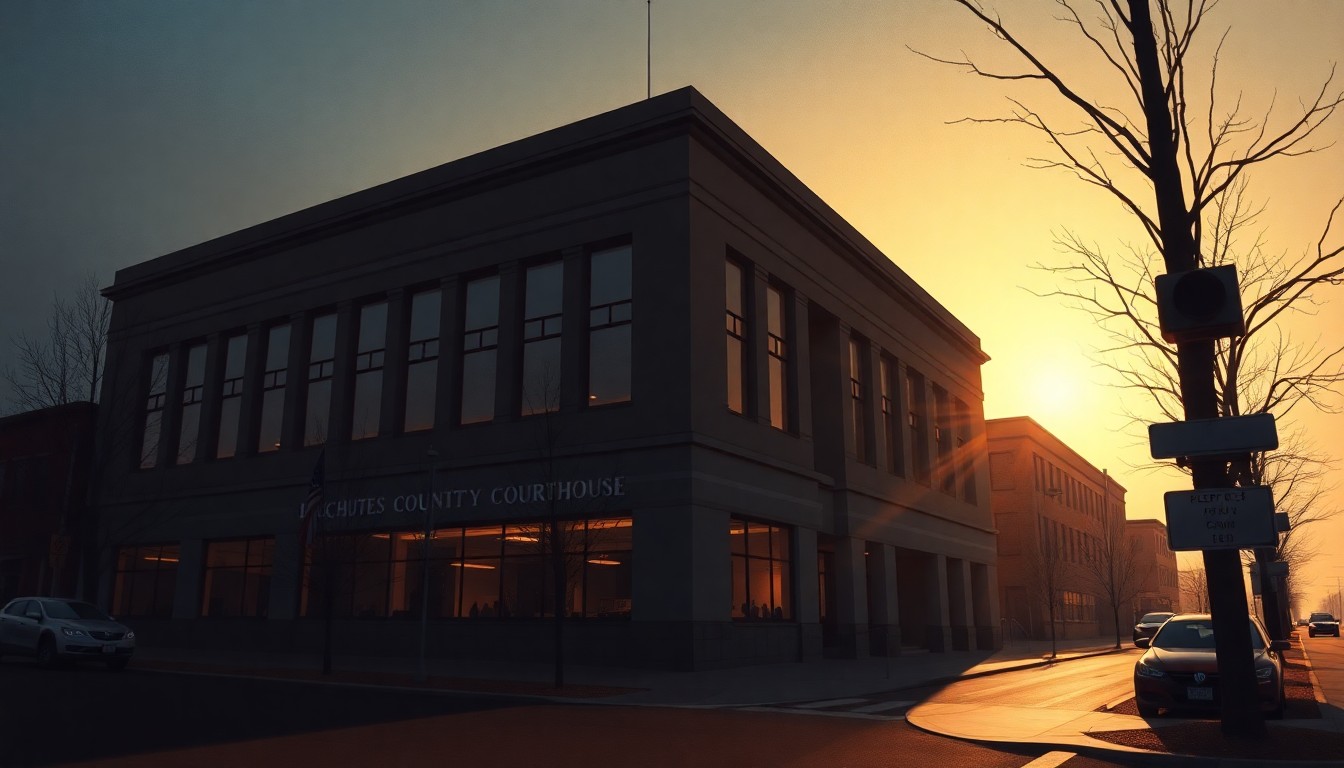 A serene, cinematic painting of the newly expanded Deschutes County Courthouse building in downtown Bend, Oregon, with the structure bathed in warm, diagonal sunlight and deep shadows, conveying a sense of civic pride and progress.