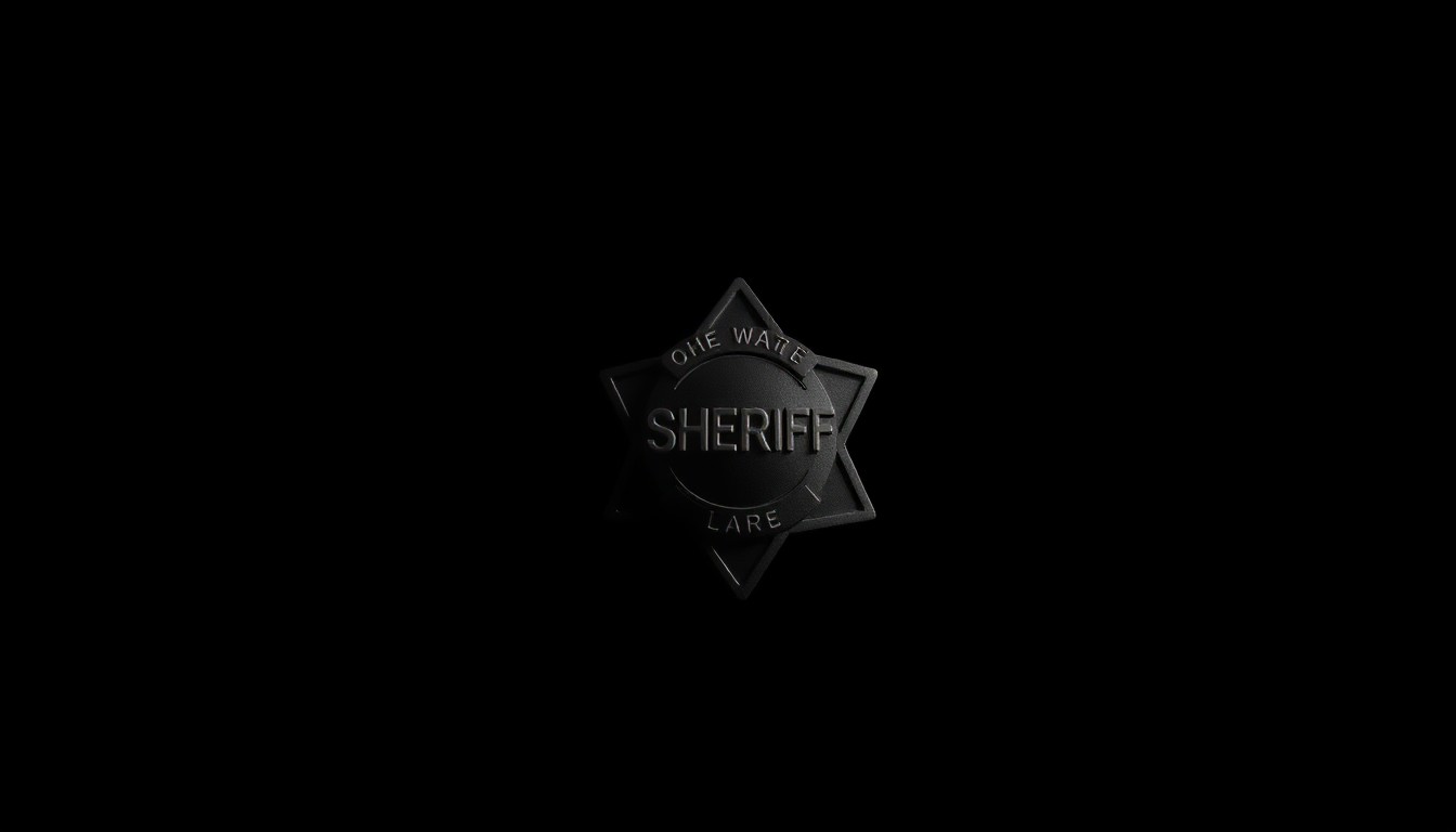 An extreme close-up of a sheriff's badge reflecting a harsh, direct camera flash, conceptually illustrating the abrupt resignation of a public official amid undisclosed complaints.
