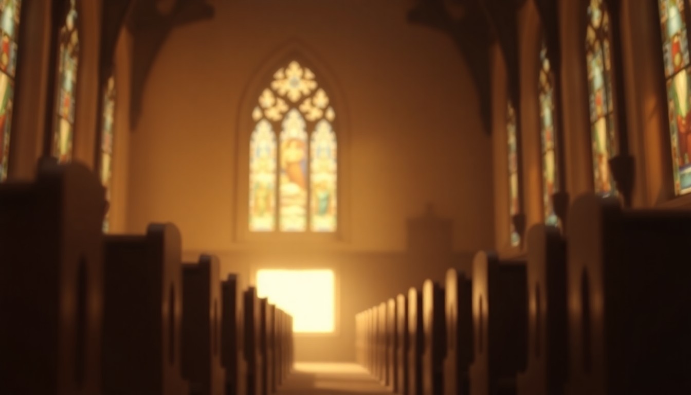 An abstract, out-of-focus photograph in warm, muted tones depicting the interior of a church, with soft light filtering through stained glass windows, conveying a sense of reverence and reflection.