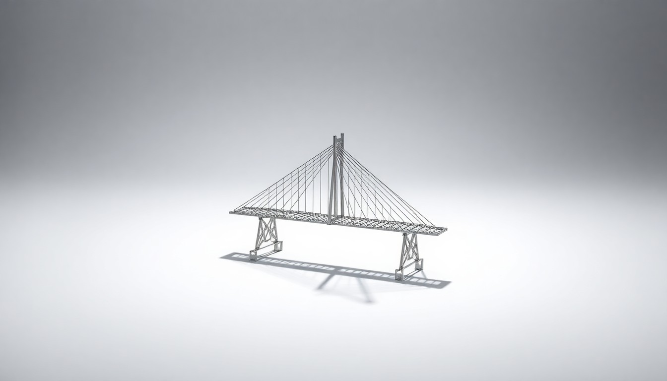 A highly detailed, photorealistic studio still life photograph featuring a polished, geometric metal model of a suspension bridge resting on a clean, monochromatic background, dramatically lit to represent the abstract concepts of infrastructure financing and regional connectivity.