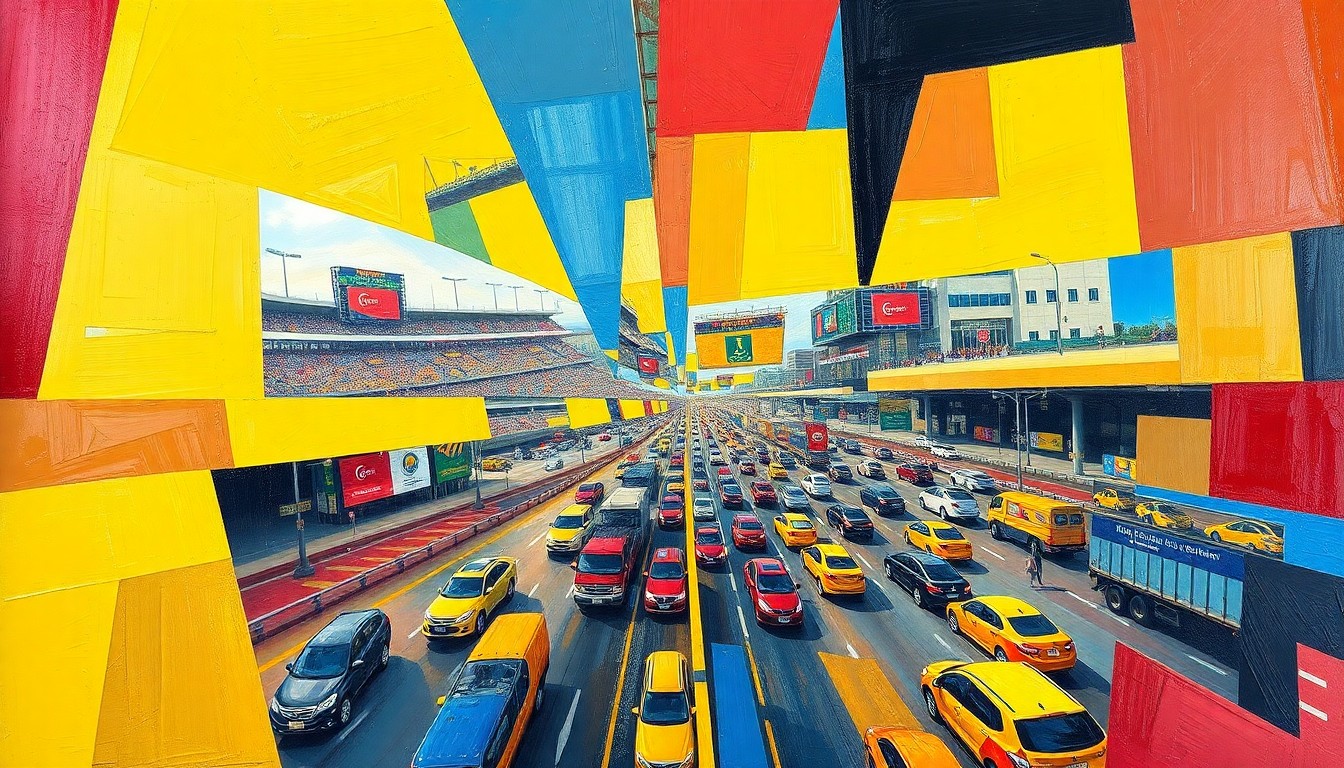 A fractured, geometric painting depicting a busy highway intersection with overlapping planes of color, representing the increased traffic and movement expected during a major sporting event.
