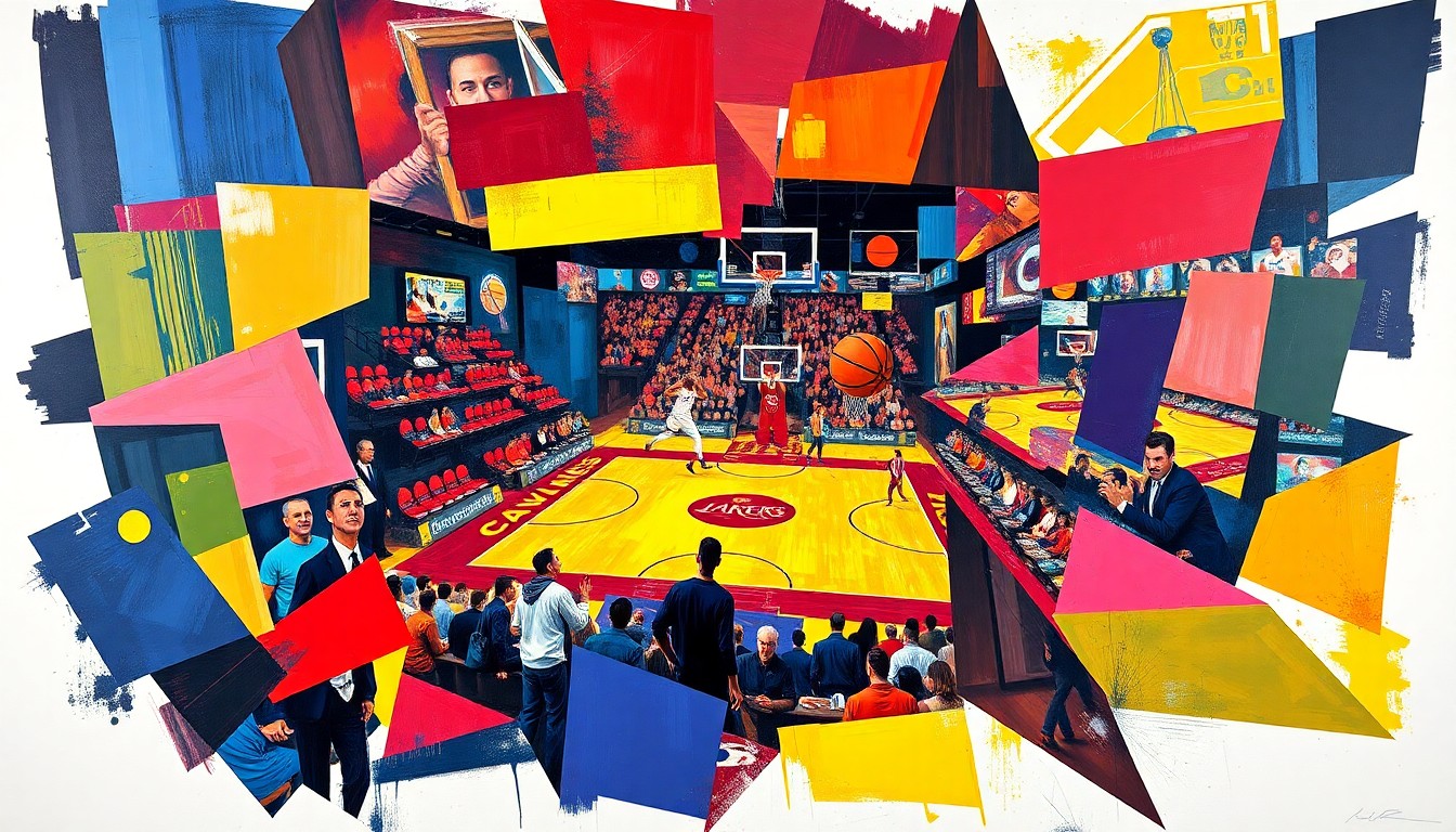 A cubist-style painting featuring overlapping geometric shapes and planes in the official team colors of the Cavaliers and Lakers, capturing the energy and movement of a basketball game.