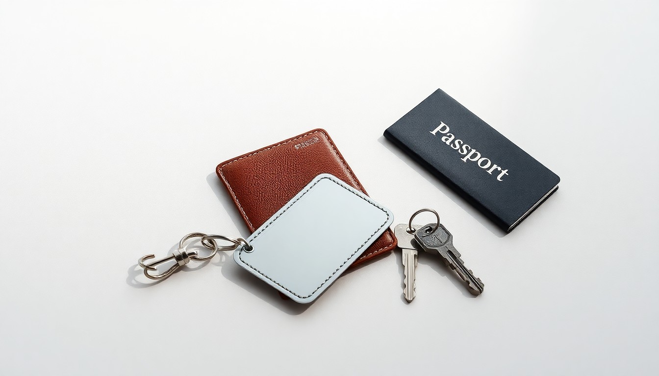 A high-end, photorealistic studio still-life photograph featuring a polished metal travel luggage tag, a leather passport holder, and a set of hotel room keys arranged elegantly on a clean, monochromatic seamless background, conceptually representing the financial performance and growth potential of the travel and leisure industry.