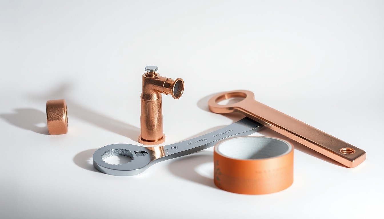 A photorealistic studio still life featuring a polished copper plumbing fixture, a wrench, and a roll of plumber's tape, conceptually representing the precision and professionalism of the award-winning Heine Plumbing company.