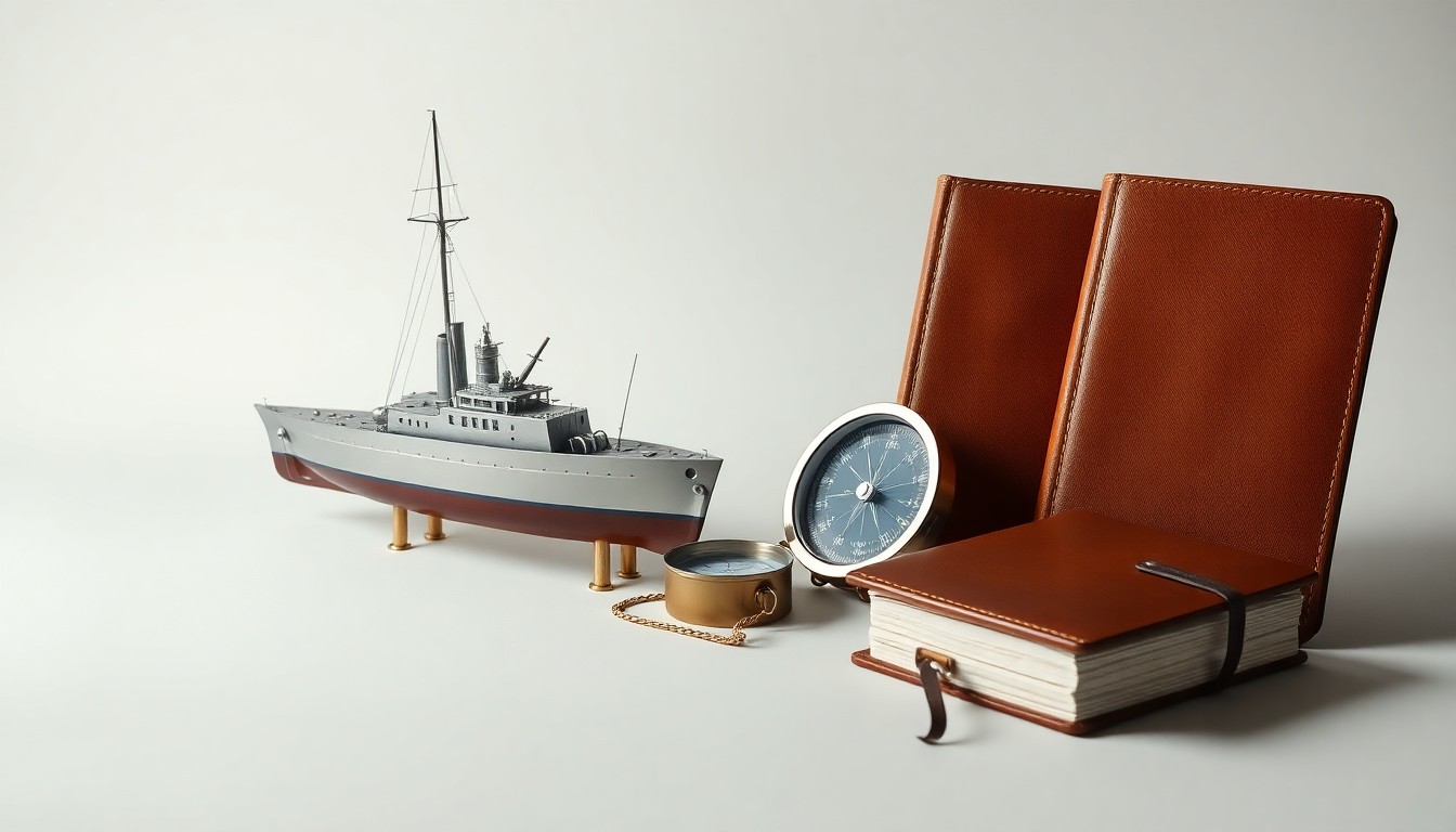 A photorealistic studio still life featuring a polished metal ship's hull model, a compass, and leather-bound naval logbooks, conveying the precision and strategic importance of military shipbuilding.