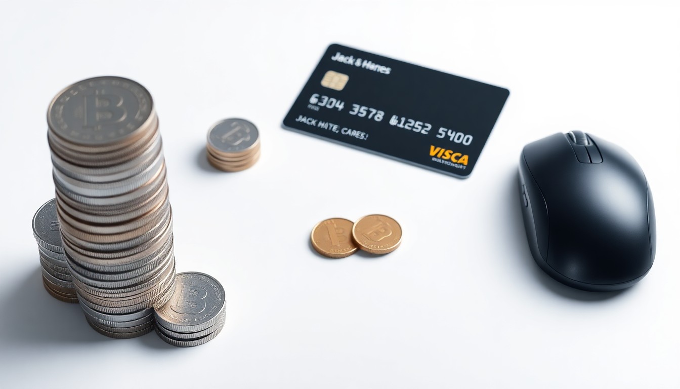 A photorealistic studio still life featuring a stack of metal coins, a black credit card, and a minimalist computer mouse on a clean white background, symbolizing the financial technology and payment processing services provided by the company.