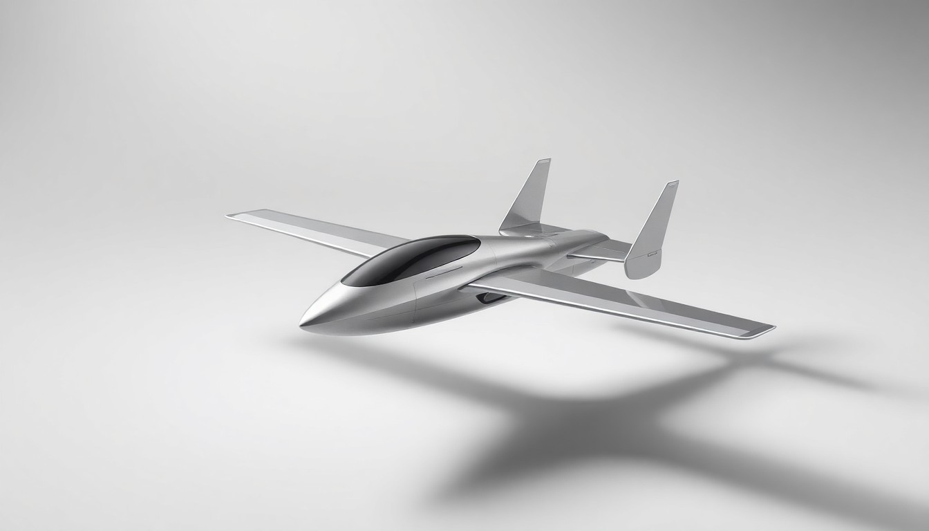A photorealistic studio still life featuring a metallic model of an electric vertical take-off and landing aircraft floating on a clean, monochromatic background, conceptually representing the abstract idea of investment in urban air mobility technology.