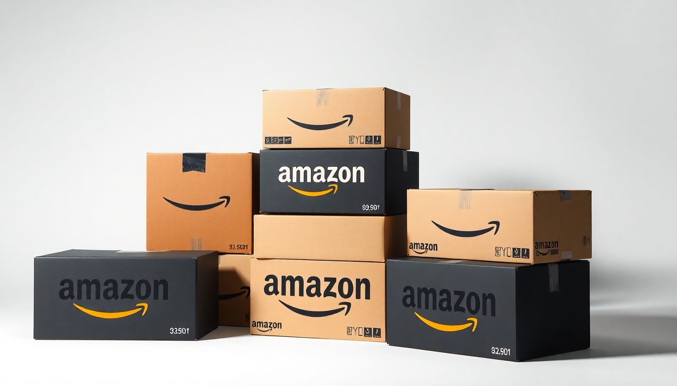 A high-end, photorealistic studio still-life photograph featuring a stack of premium matte black Amazon shipping boxes arranged elegantly on a clean white background, using dramatic lighting and shadows to symbolize the company's scale and influence.