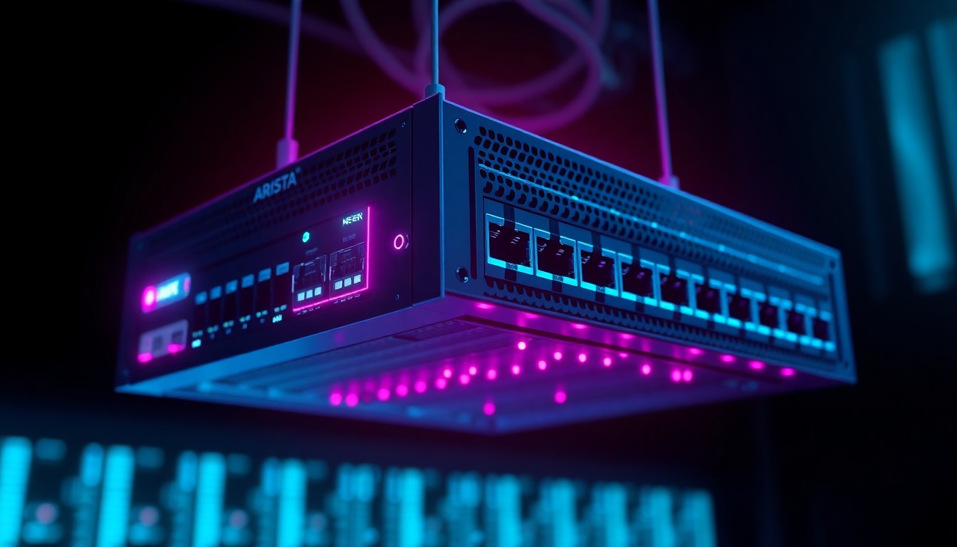 A highly detailed, glowing 3D illustration of an Arista Networks Ethernet switch, with neon cyan and magenta lights illuminating the intricate hardware components, conceptually representing the critical role of Arista's networking technology in enabling AI-driven data center infrastructure.