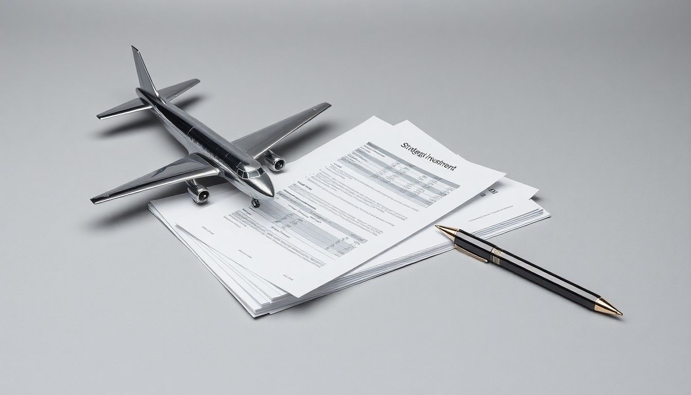 A minimalist, photorealistic studio still life featuring a polished metal airplane model, a stack of financial reports, and a pen, all arranged elegantly on a clean, gray background, conceptually representing the intersection of aviation, finance, and strategic investment.