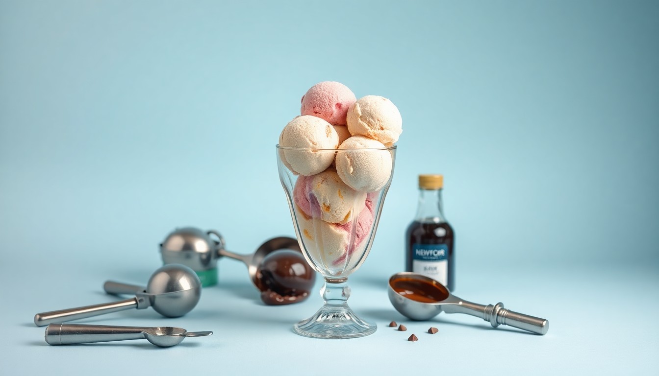 A high-end, photorealistic studio still-life photograph featuring a classic glass ice cream sundae glass filled with colorful scoops of ice cream, surrounded by premium stainless steel ice cream scoops, a vintage metal ice cream scoop, and a glass bottle of chocolate syrup, arranged elegantly on a clean, monochromatic seamless background in shades of pastel blue, using sharp, dramatic studio lighting and deep shadows to represent the timeless appeal of the Newport Creamery.