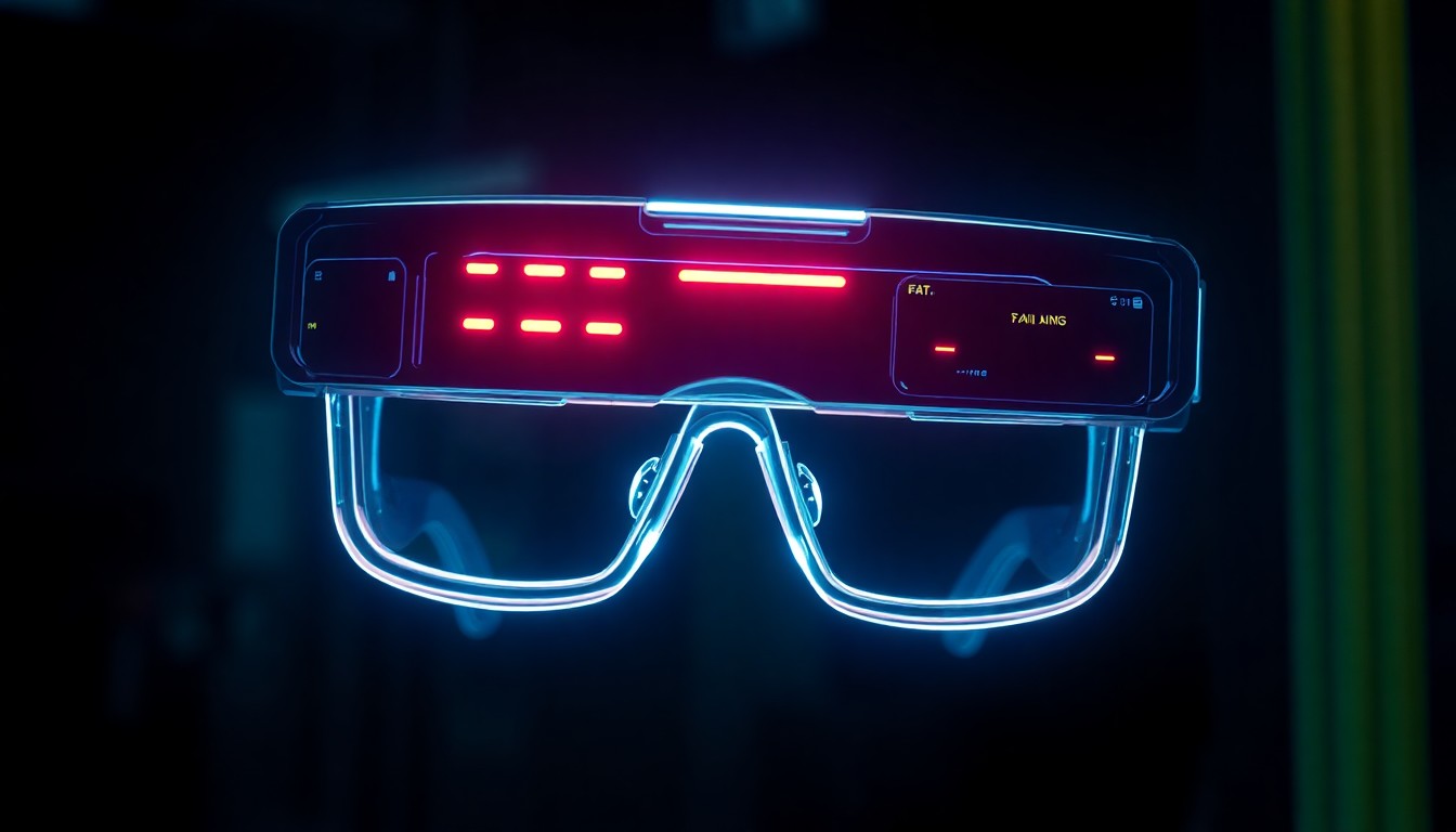 A highly detailed, 3D illustration of a pair of futuristic smart glasses emitting a faint, neon glow in a dark, cyberpunk-inspired environment, conceptually representing the privacy concerns surrounding advanced recording technologies in sensitive legal settings.