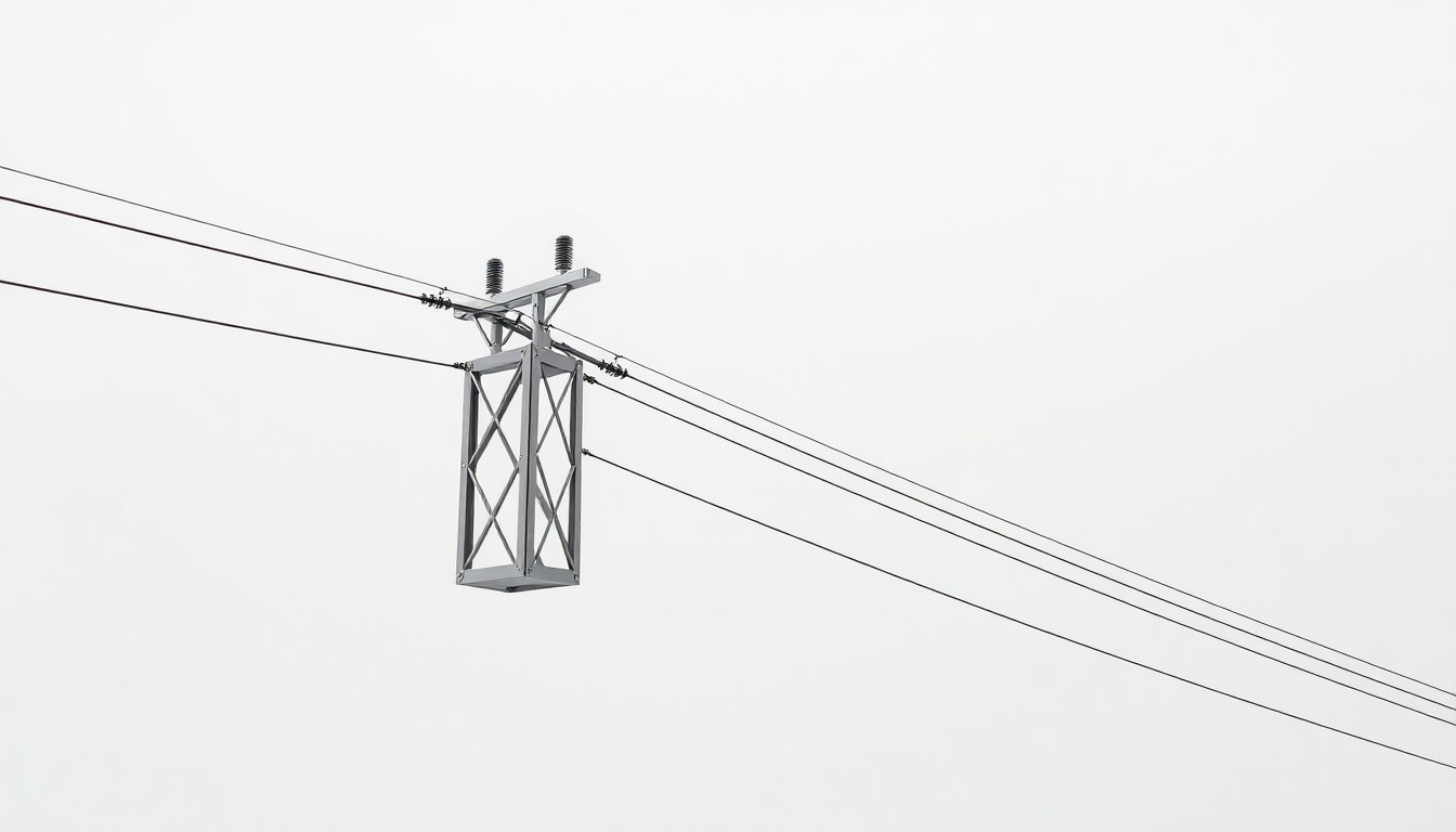 A minimalist, photorealistic studio still life featuring a single, polished metal power line pylon or electrical transformer floating on a clean, monochromatic background, conceptually representing the abstract debate over public versus private ownership of essential utilities.