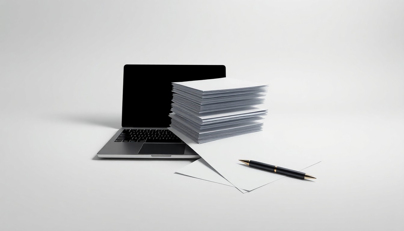 A photorealistic studio still life featuring a stack of business documents, a laptop, and a pen arranged elegantly on a clean, monochromatic background, conceptually representing the abstract nature of corporate strategy and finance.
