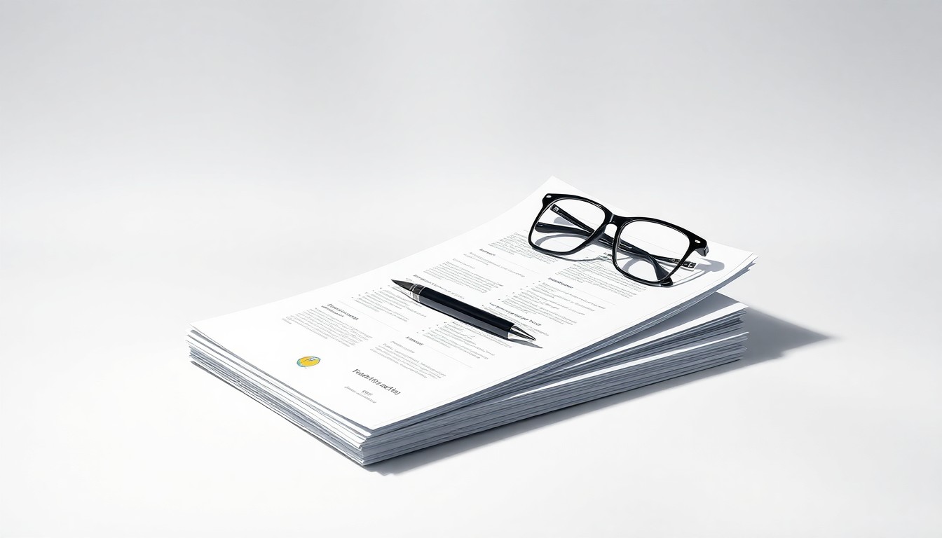 A minimalist studio still life photograph featuring a stack of financial reports, a pen, and a pair of eyeglasses arranged on a clean, monochromatic background, symbolizing the abstract concepts of corporate strategy and finance.