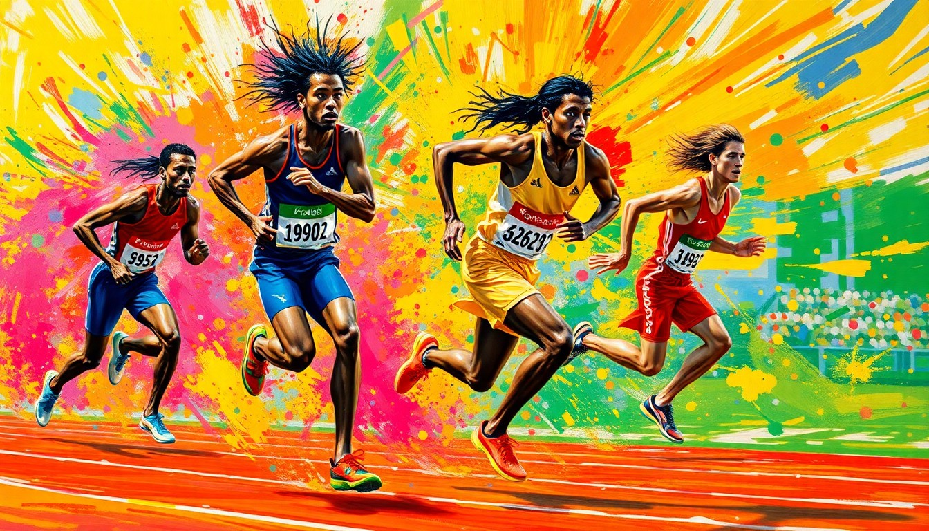 An abstract, expressionist painting in vibrant neon colors, capturing the dynamic motion and energy of a track and field competition through sweeping brushstrokes and dissolving figures.