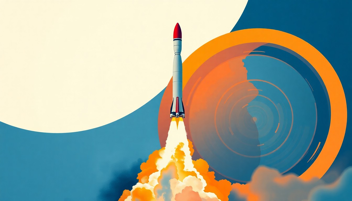 A highly textured, abstract painting featuring sweeping geometric arcs, concentric circles, and precise spiraling forms in shades of blue, orange, and white, conceptually representing the launch of a SpaceX Falcon 9 rocket.