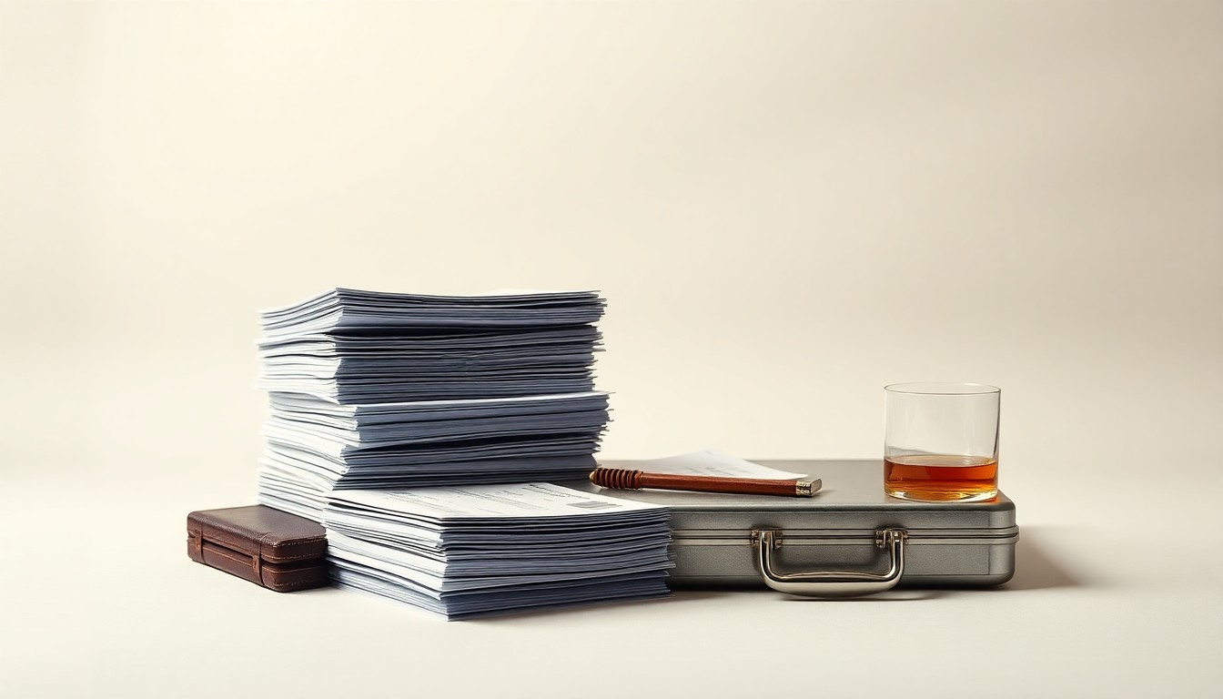 A high-end, photorealistic studio still-life photograph featuring a stack of ledgers, a metal briefcase, and a glass of whiskey, arranged elegantly on a clean, monochromatic background to represent the abstract corporate strategy and financial implications of the Sysco-Jetro Restaurant Depot acquisition.