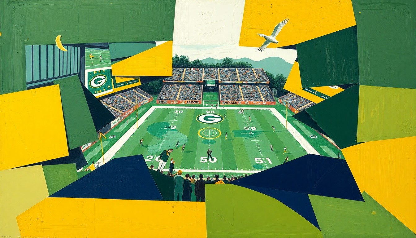 A fractured, multi-perspective painting featuring overlapping geometric planes in shades of green, gold, and navy blue, conceptually representing the Packers' offseason priorities of improving communication, role clarity, and finishing games stronger.